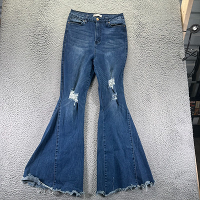 YMI Jeans Womens 15 Blue Cotton Denim Flared Faded Distressed Raw Hem Stretch