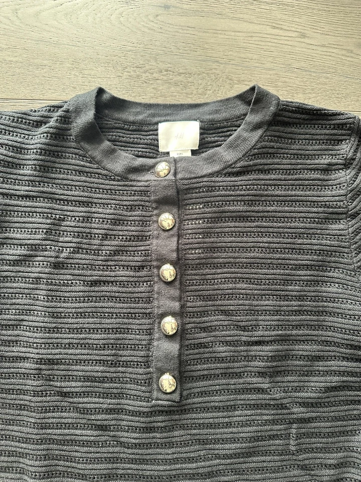H&M Sweater Dress Womens Large Black Textured Knit Henley Bell Sleeve Buttons - Image 3 of 4