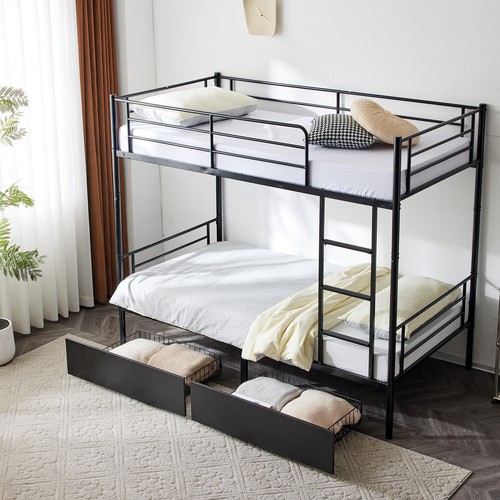 Twin over Twin Bunk Beds Frame Ladder 2 Drawer Bedroom Dorm for Kids Child Adult - Picture 8 of 9
