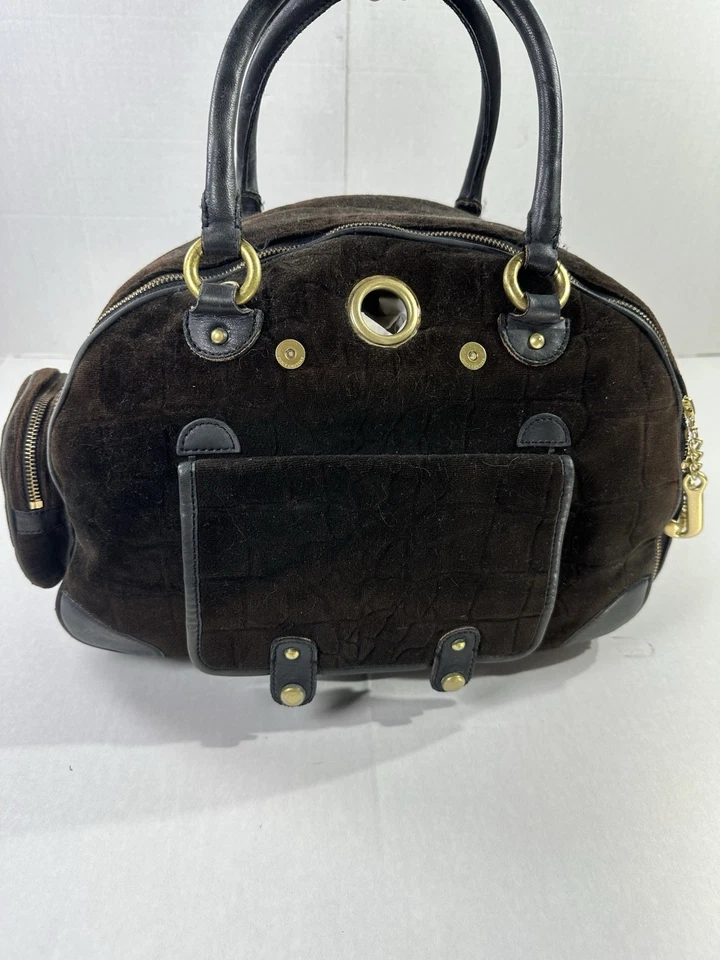 Juicy Couture Perrito Alta Costura Marrón Terciopelo Mascotas Bolso Portador G&P Cresta Malla Ventanas Foto 3 de 4