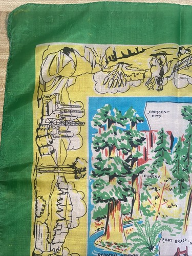 Vintage 50s Pure Silk Scarf California State Map Landmarks Green 33.5” X 31” - Picture 2 of 15