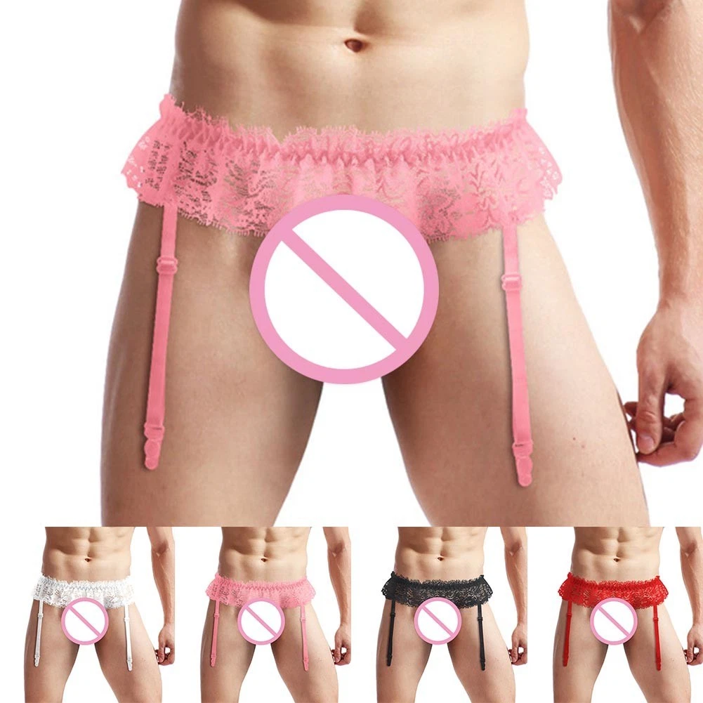 String Dentelle + Porte-Jarretelles Pour Homme - Lingerie Sensuelle, Taille Basse, Poche De Pénis