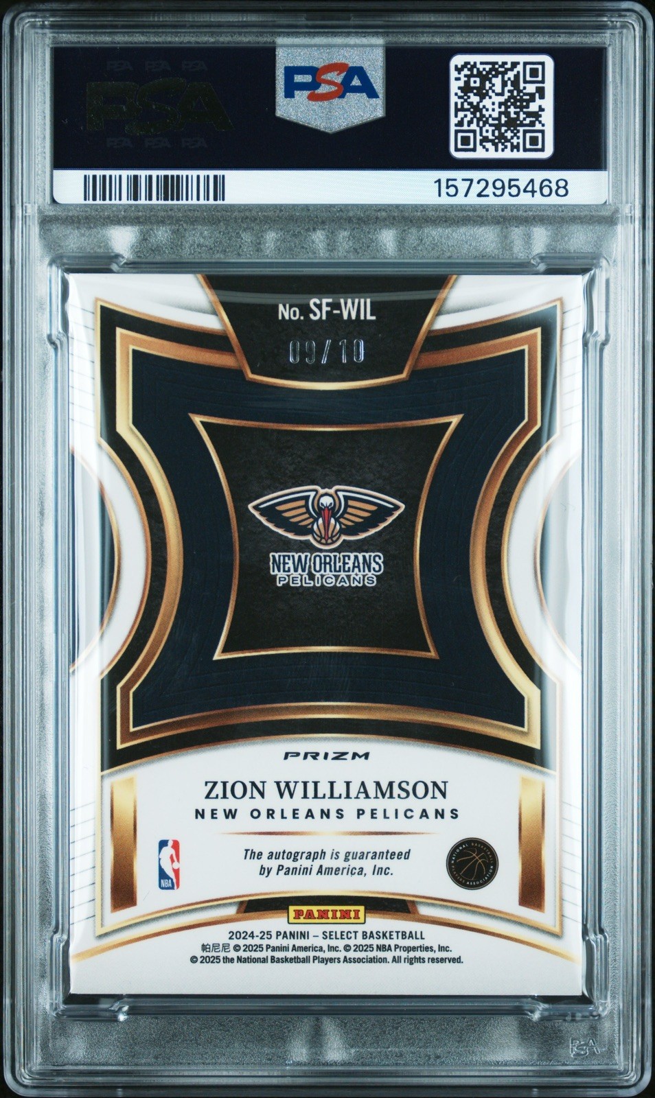 2024-25 Select Zion Williamson #SF-WIL Gold Prizm /10 (AU) PSA 8 Auto 10 view 2