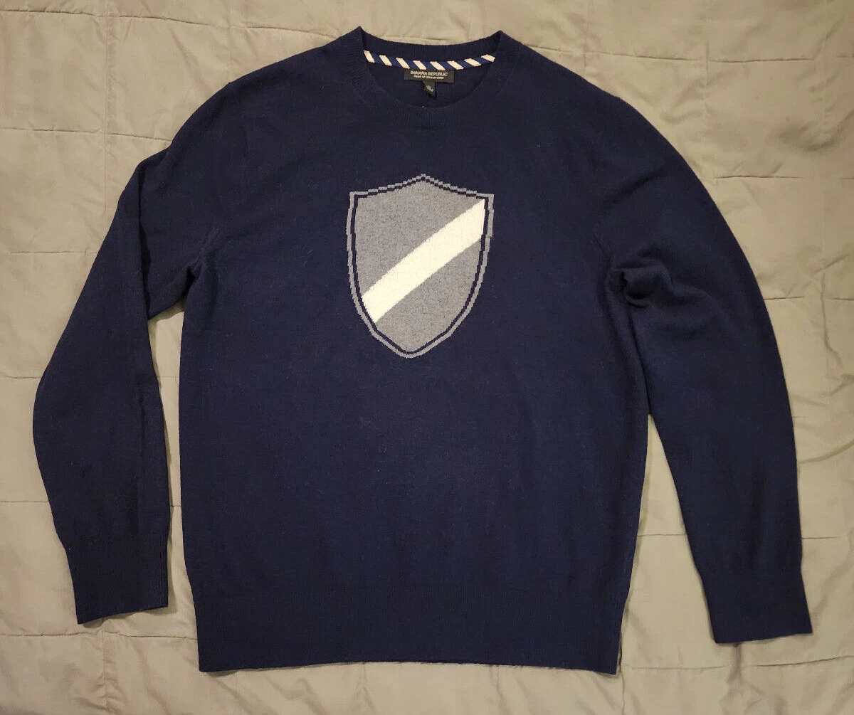 Men's Banana Republic Navy Blue Shield Italian Merino Wool Blend Sweater Sz L