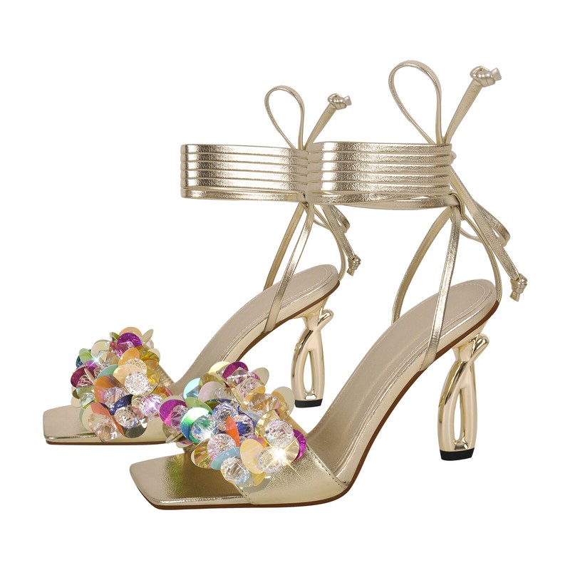 Women's Rhinestone Lace Up Ankle Strap High Heel Sandals Square Toe Shoes US9