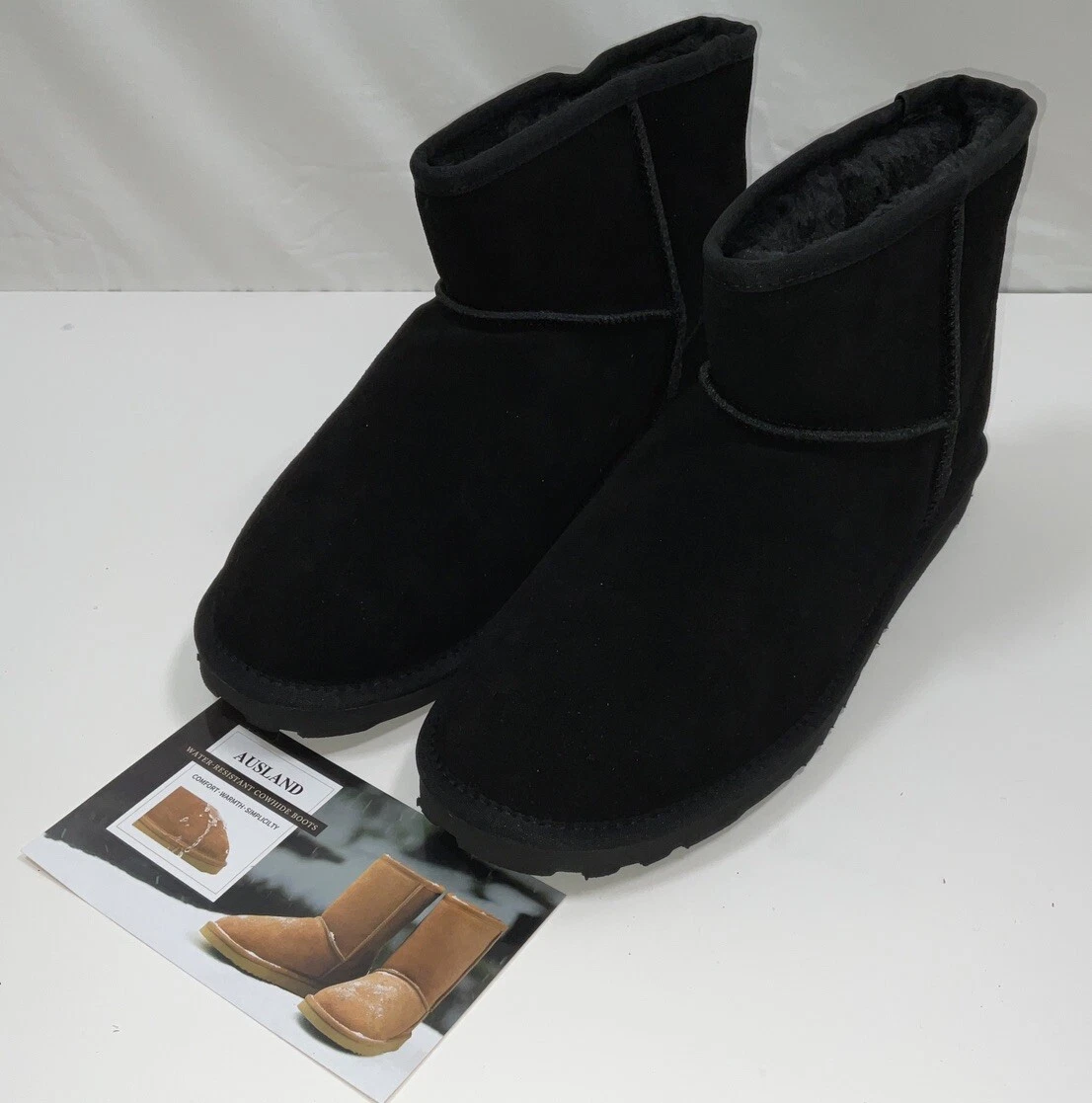 NIB Men’s Ausland Classic Water Resistant Leather Short Snow Boots Black 10.5
