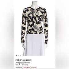JOHN GALLIANO Paris Black Cream Gray Cardigan Floral Pattern VTG SS2001 Size L
