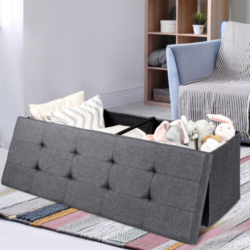 Fabric Folding Storage Ottoman Storage Chest W/Divider Bed End Bench Drak Grey - Picture 4 of 12
