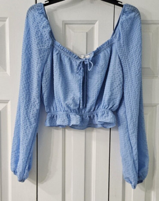 LUSH  Sz S Sky Blue L/S Crop Top Blouse  V-neck,  Puff Sleeve, Tie,  NWT