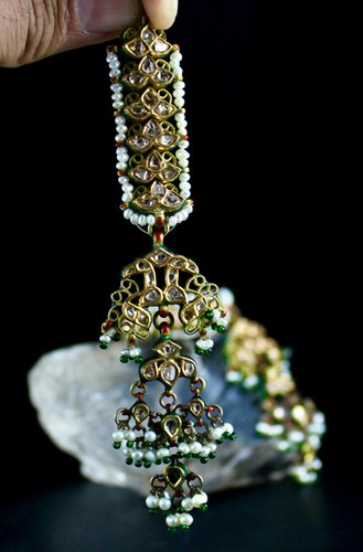 Certified Antique Natural Diamond 10ct Pearl 22k Gold Kundan Peacock Earrings - Picture 9 of 11