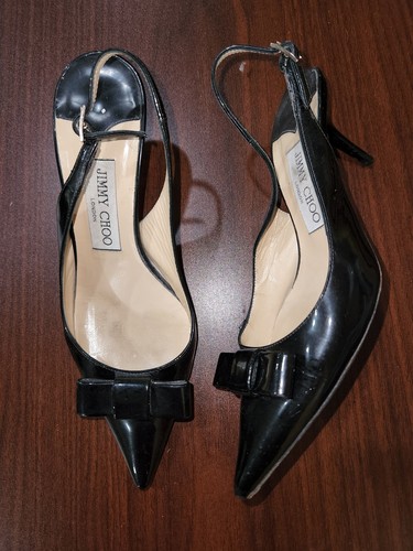 Jimmy Choo Black Patent Leather Bow Slingbacks 36.5