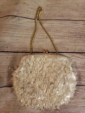 VINTAGE MADE IN HONG KONG WHITE GOLD DANGLY SEQUINED BEADED EVENING BAG PURSE