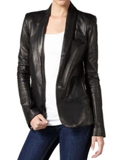 Women Genuine Lambskin Leather Black Blazer Basic Jacket Designer Leather Coat