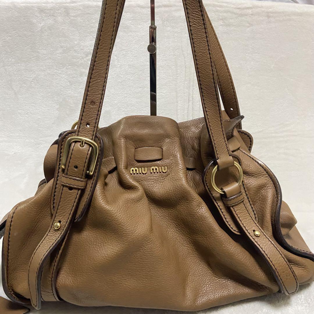 バッグ miu miu side ribbon leather hand bag Miu Miu Side Ribbon Handbag Tote Shoulder Bag Brown Leather