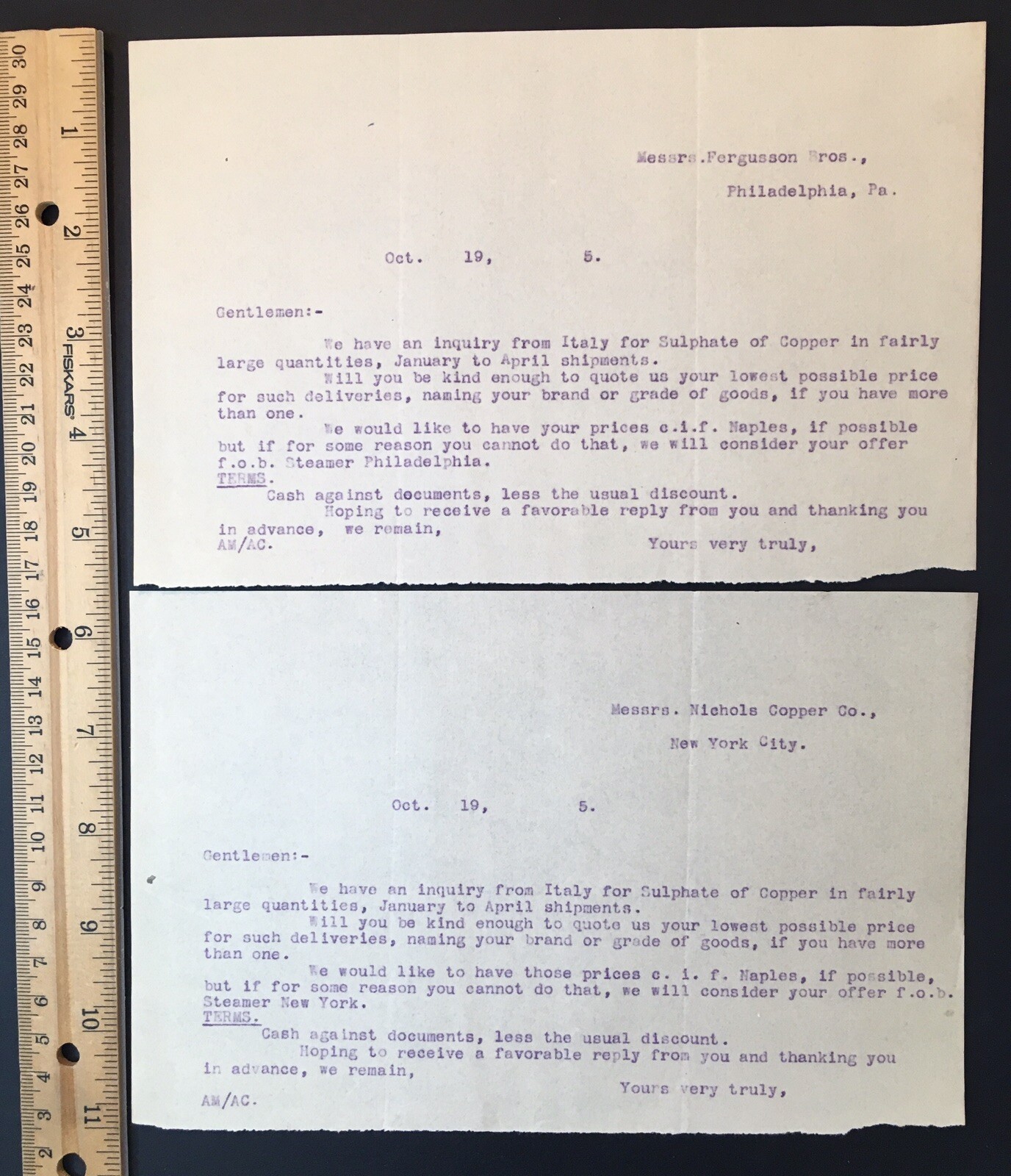 Fergusson Brothers & Nichols Copper Company c.1905 Business Inquiries Half Sheet