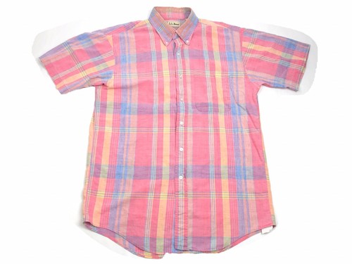 Vtg LL Bean Mens Medium Pink Blue Yellow Short Sleeve Plaid Button Shirt USA (H3