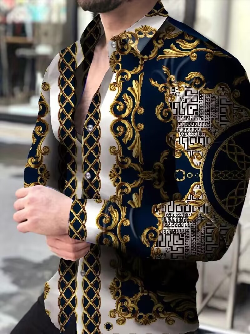 Button Up Shirt Long Sleeve Black Golden Floral Ethnic Fashion Party Men's  Dress
