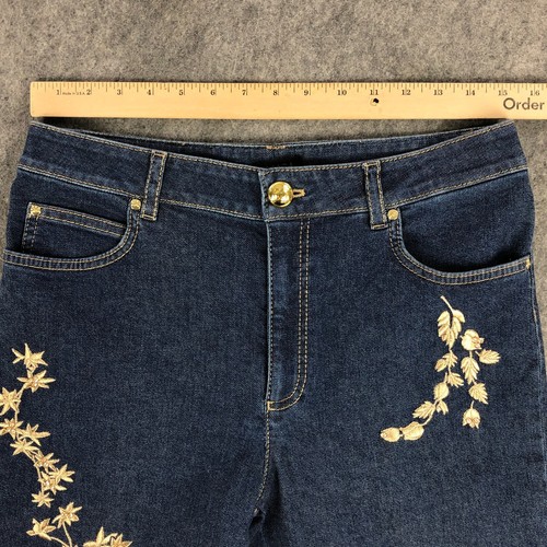 Escada Jeans 40 (US Size 10) Blue Straight Leg High Rise Gold Roses Rhinestones - Picture 12 of 16