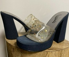 EUC-WOMENS VTG Y2K 90s SKETCHERS NAVY JEWELED VINYL DISCO CHUNKY 4.5" HEELS-SZ 8