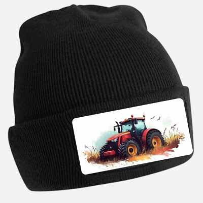 Black Beanie Hat with Cool Tractor Motif - Unisex Cap, Cotton