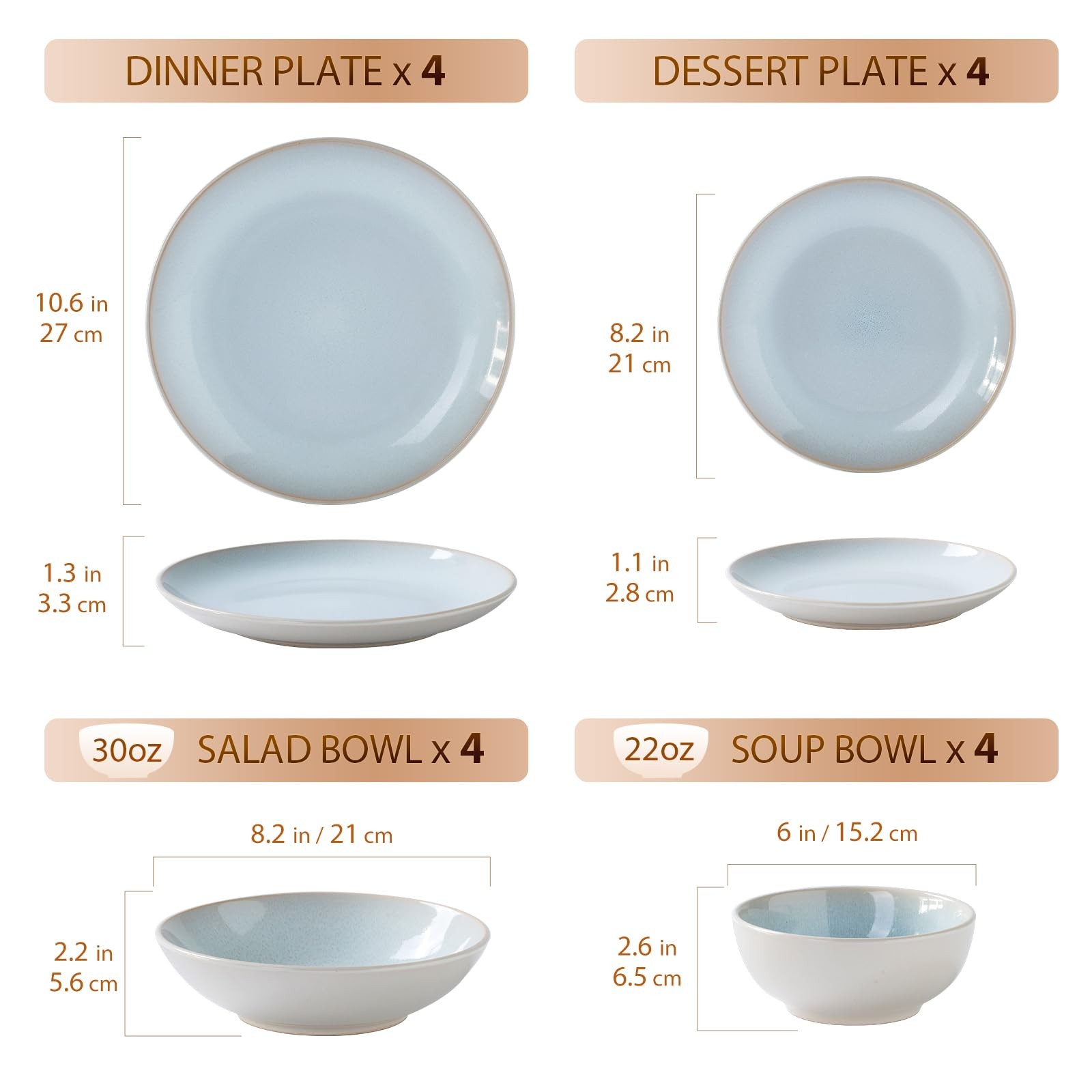 Plates & Bowls Set for 4, 16-Piece Stoneware Dinnerware, Microwave Dishwasher...
