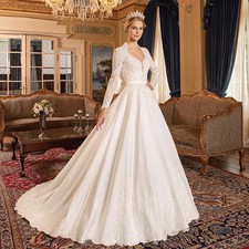 Satin Wedding Dress V Neck Long Sleeves Sparkling Beading Applique Bridal Gown