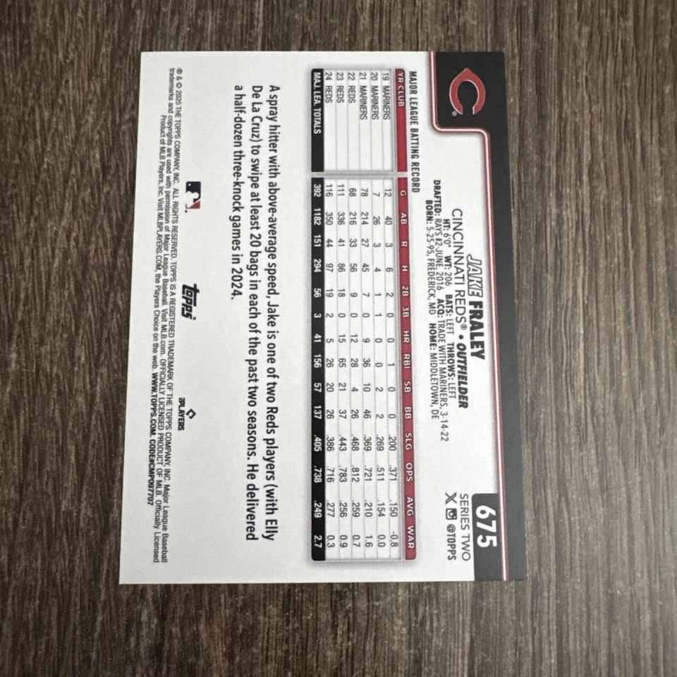 2025 Topps Series 2 - Jake Fraley #675 Team Color Border - Image 2 of 2