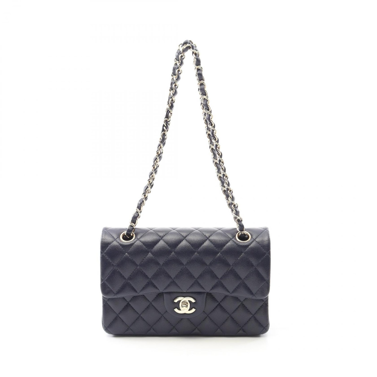 CHANEL Matelasse W flap chain Shoulder Bag A01113 leather Navy Used Women GHW CC