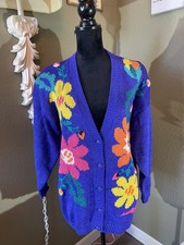 Jocelyn Smith Vtg 90s PURPLE Floral Cottage Retro Cardigan Sweater Women  s L