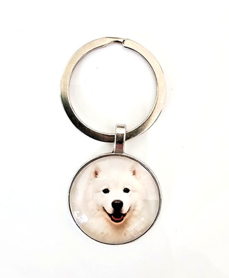 Samoyed Dog Keychain Unisex White Puppy Glass Dome Silver Tone Key Ring Gift