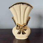 Vintage 9" Shawnee Pottery Vase Gold Cream Ribbon Bow 819 c1940 Hand painted