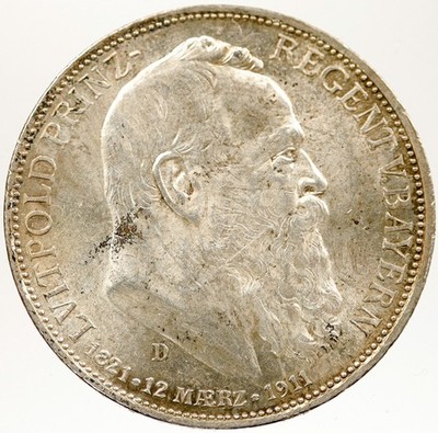 1911 D GERMANY Bavaria Otto I w PRINCE LUITPOLD Silver 3 Marks Coin i121568