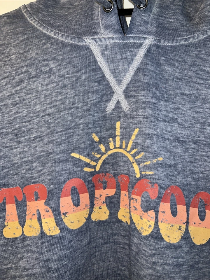 C&C California Women sz L Blue Graphic Tee Tropicool Long Sleeve Hooded Light - Image 2 of 4