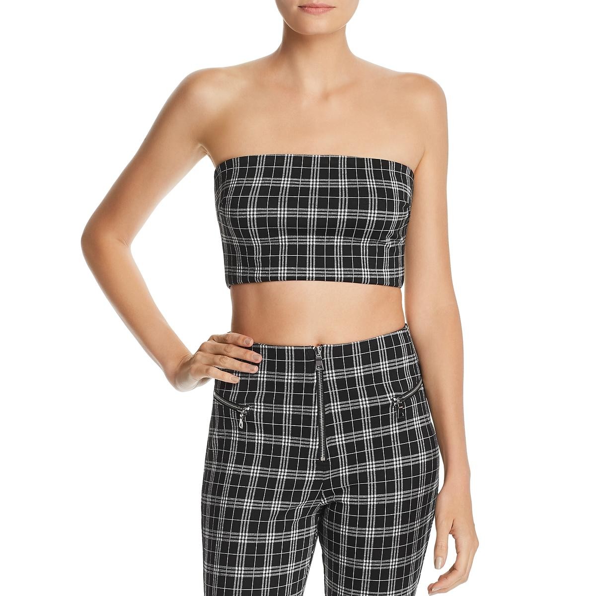 Tiger Mist Womens Black White Plaid Tube Crop Top Shirt Size L 5416