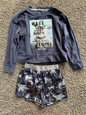 Justice Girl  s Wake Me Up Cat Pajama Set Size S 7/8 Long Sleeve And Shorts