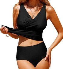 2 Piece Tummy Control Bikini Shirt Tankini Set Swimsuit Cups B-C Size XL 14/16