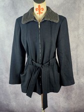 VTG Sport-Mac USA Made Black Wool Belted Coat Fur Trim Full Zip Womens S/M EUC