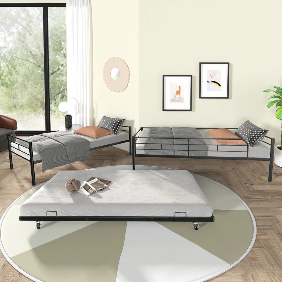 Twin Over Twin Separable Bunk Bed with Trundle - Black Steel Frame Foto 3 de 4