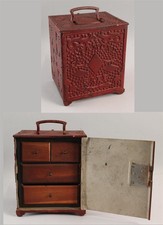 19thC Antique Red Painted Cast Iron Miniature DIAMOND SAFE w/ 4 Wood Drawers, NR