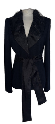 St John Stretch-Jacke schwarz Glitzer Kragen V-Ausschnitt Gürtel Damen Größe L