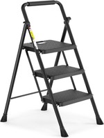 HBTower Trittleiter 3 Stufen Klappbar, Tragbarer Tritthocker Aus Stahl Schwarz