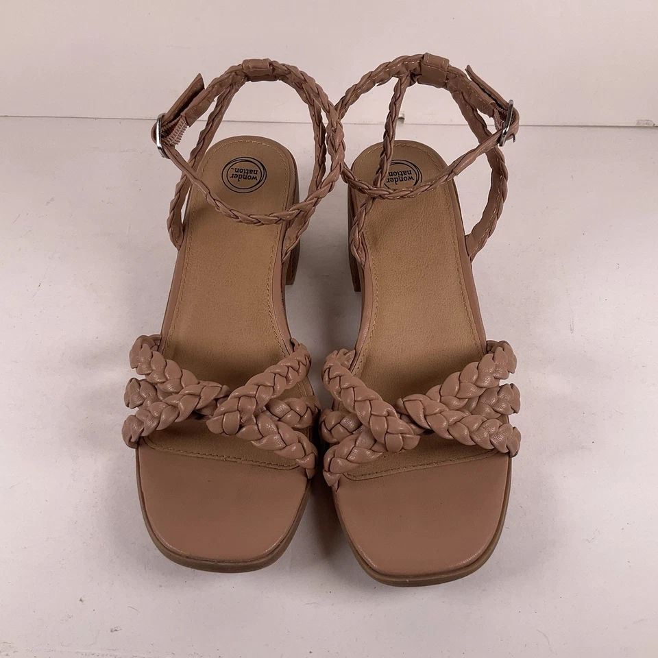 Sandalias de tacón Wonder Nation tostadas trenzadas para mujer talla 5 correa al tobillo con tiras Foto 4 de 4