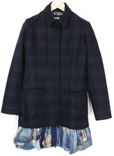 Cappotto Desigual Donna 40 Blu Lana Cotone A Quadri Foderato Con Collo
