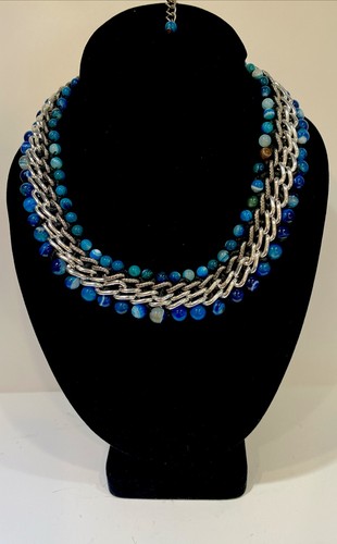 PolkaDotDrawer Blue & White Multi strand Beaded Statement Necklace 17-20” 2012