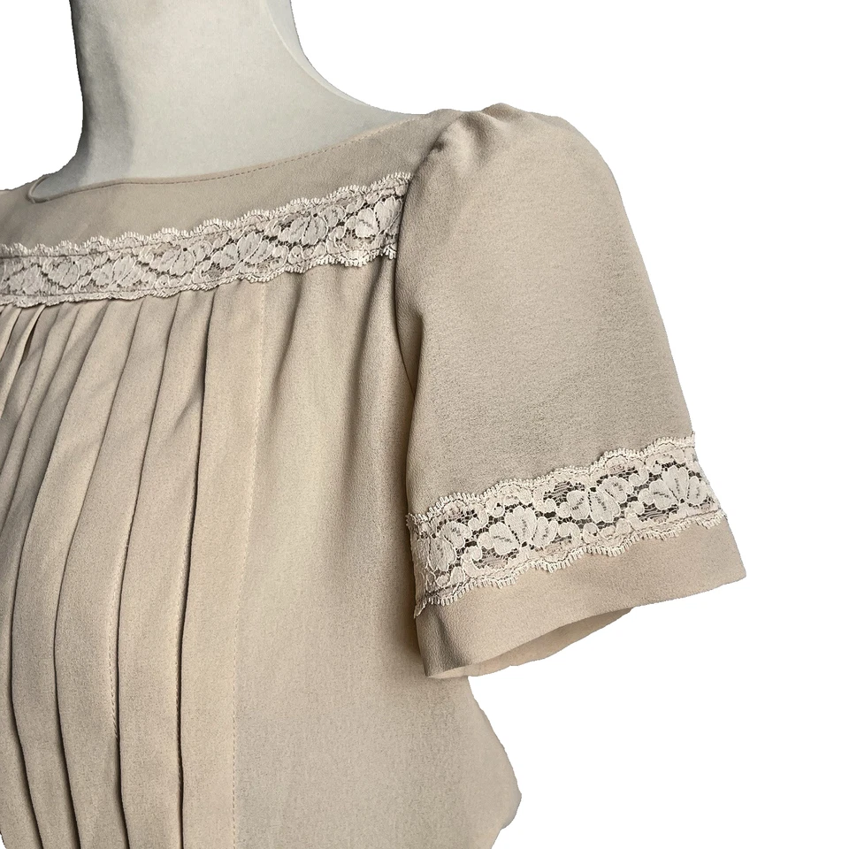 Vestido Albert Nipon Vintage Años 80 Manga Corta Beige Gasa Encaje Plisados Pequeño Foto 3 de 4