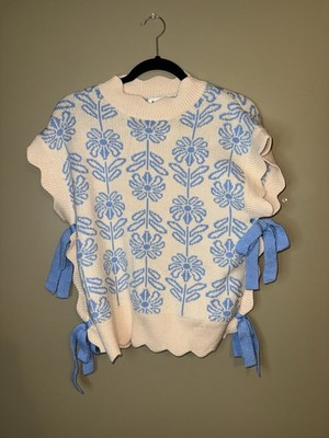 &Merci Juliet Floral Sweater Vest - Blue/Cream - Size Large Women s