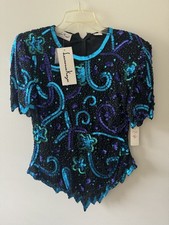 New LAWRENCE KAZAR 100 Silk Beaded Sequined Evening Wear Top Women  s Sz Small