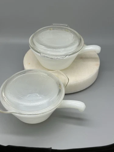 Vintage Anchor Hocking Fire King White Milk Glass Soup Bowl 5" Lug Handle Lids