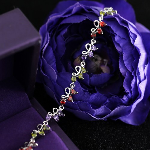 Lady's Multi Colour Crystal Floral Garland Filigree Chain Silver BANGLE BRACELET - Picture 4 of 6