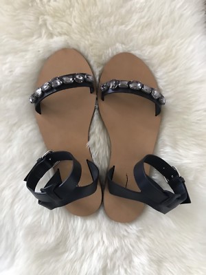 NEW CREW JEWELED FLAT SANDALS IN BLACK SZ $178